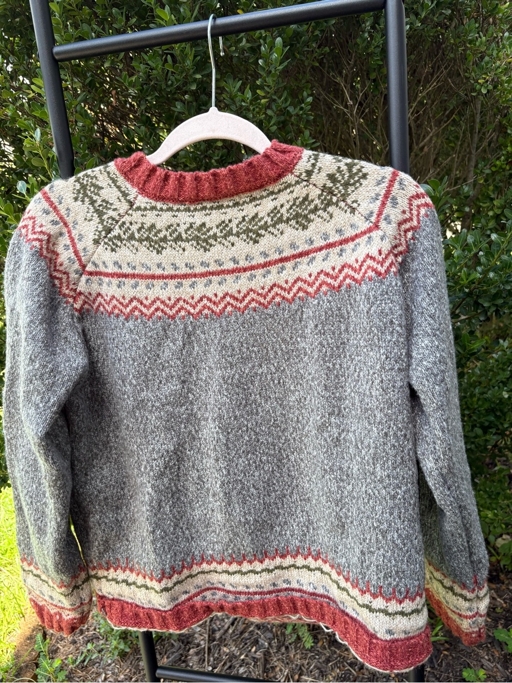 Women's Crewneck Fair Isle Sweater - Grey with Rust and Olive Accents